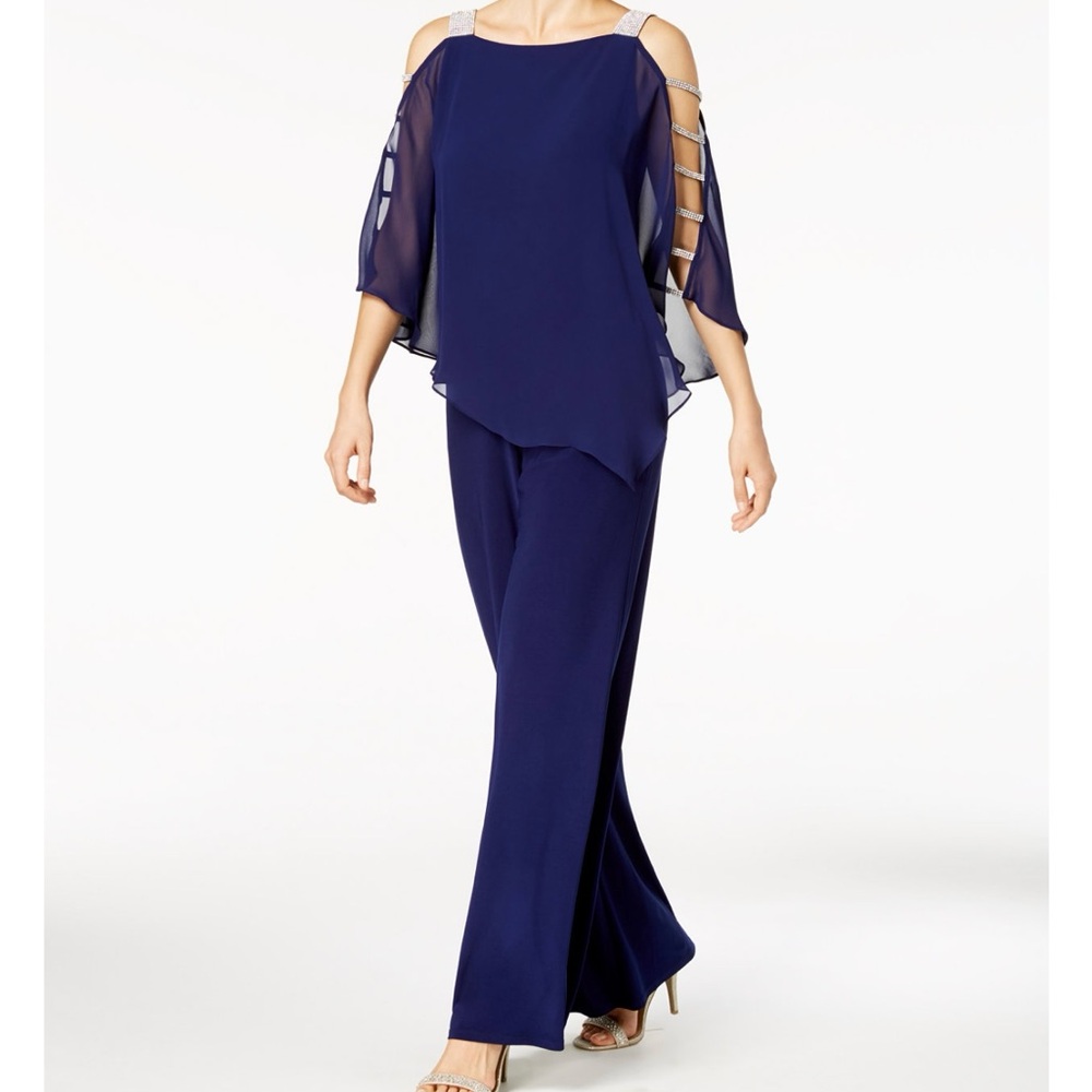 Elegant Black Evening Jumpsuit with chiffon cape and beaded straps size medium